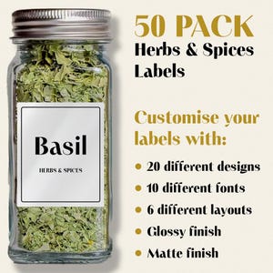 Paquet de 50 étiquettes résistantes à l'eau personnalisées | fines herbes et épices | Organisation minimaliste | Étiquettes de rangement en verre | Étiquettes d'organisation personnalisées