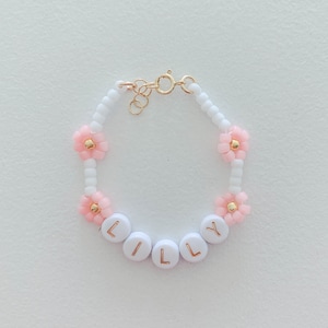 Custom Name Daisy flower baby bracelet, adult bracelet- gold filled or stretch