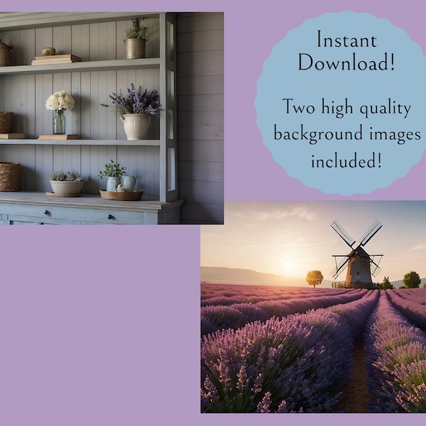 Two Image Set Virtual Background Boho Farmhouse Bookcase with Lavender Accents for Zoom, Floral Home Office Professional Meeting Backdrop