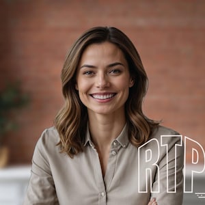 Puede incluir: Una mujer sonriente con cabello castaño y una camisa beige. El fondo presenta una pared de ladrillos y una ventana borrosa. El texto "RTP DIGITAL ART STUDIO" está superpuesto en la imagen.