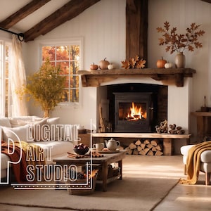 May include: A living room featuring a fireplace with a burning fire, a white sofa with orange blankets, a wooden coffee table, and an armchair with a yellow throw. Large windows reveal autumn trees. Text reads RTP DIGITAL ART STUDIO.