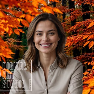 May include: A person with shoulder-length brown hair wearing a beige button-down shirt, smiling against a background of vibrant orange autumn leaves. The text RTP DIGITAL ART STUDIO is visible in the lower left corner in a white outline font.