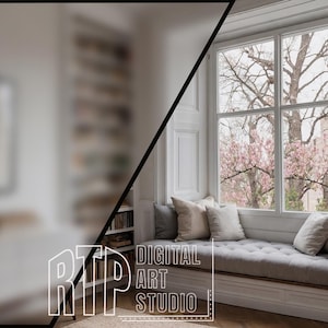 Puede incluir: Un interior luminoso con un asiento junto a la ventana con cojines y almohadas grises. La ventana ofrece una vista de árboles en flor. También se ven una estantería empotrada y obras de arte. El texto "DIGITAL ART STUDIO" está en la esquina inferior derecha.