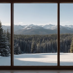 Zoom Background for Virtual Meetings, Winter Snowy Trees Window Scene Backdrop for Zoom, Teams, Webex, and Skype meetings, Winter Lodge View