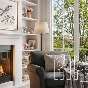 May include: A cozy living room scene with a fireplace, armchair, and large window. A framed bird painting hangs above the fireplace. The room is decorated with flowers, candles, and a lamp. The window offers a view of lush green trees.