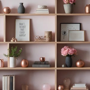 Modern Home Office Virtual Bookshelf Background for Zoom Meeting, Pink Bookshelf Professional Backdrop with Art, Elegant Decor Natural Light