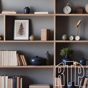 Virtual Background Bookshelf for Zoom Meetings, Home Office Navy Blue and Tan Bookshelf Background, Simple Elegant Backdrop Natural Light