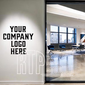 May include: A white wall with the text "YOUR COMPANY LOGO HERE" in black. The image also shows a glimpse of an office space with blue chairs and a cityscape visible through a large window. The words "RTP DIGITAL ART STUDIO" are also visible.
