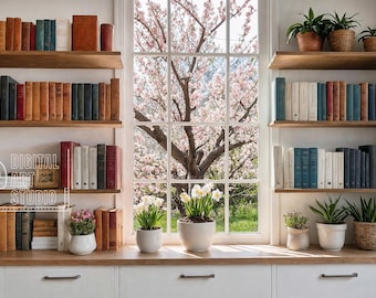 Spring Bookshelf Zoom Background, Virtual Home Office for Teams Meeting, Digital Download