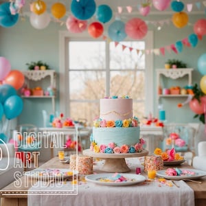 Könnte beinhalten: Eine zweistöckige Torte mit rosa und blauer Glasur, verziert mit bunten Blumen, steht auf einem Kuchenständer aus Holz. Der Raum ist mit Luftballons, Girlanden und einer Tischdekoration geschmückt, was auf eine Party hindeutet. Der Text "DIGITAL ART STUDIO" ist sichtbar.