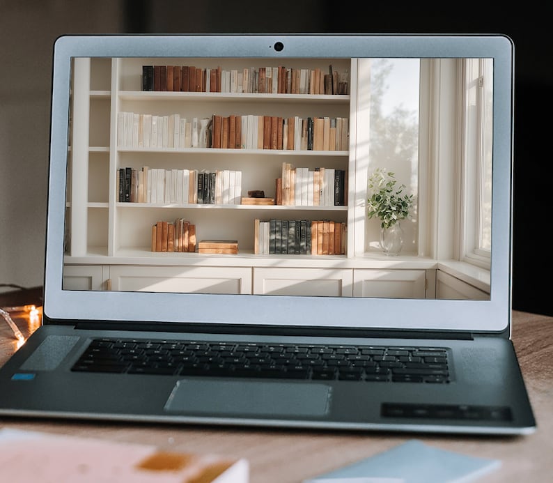 Zoom Background White Bookshelf and Window, Virtual Home Office