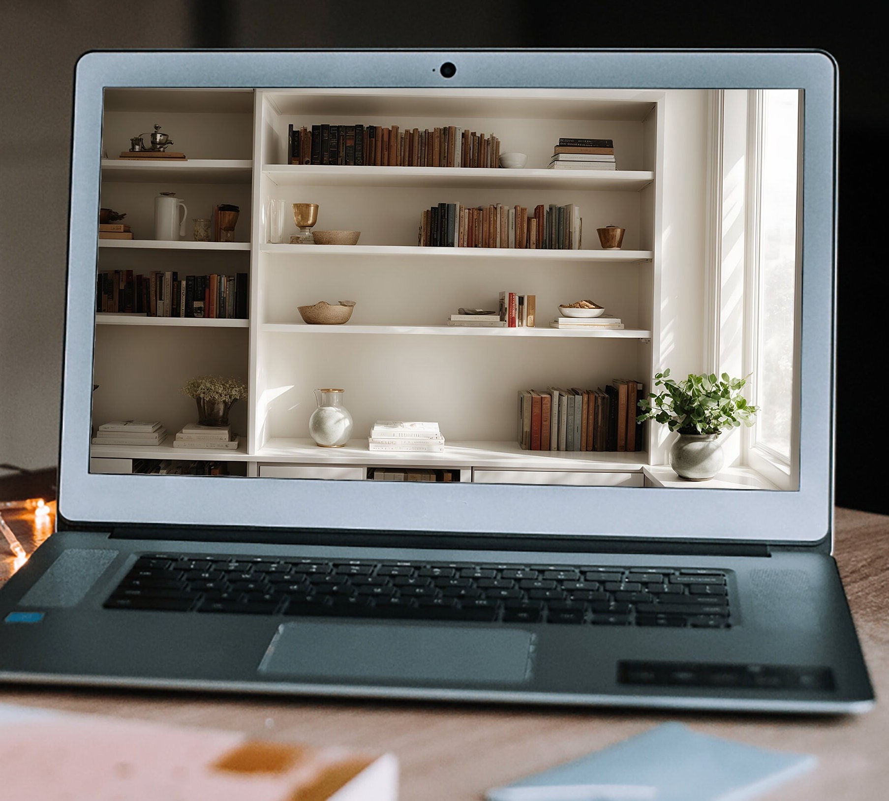 Zoom Background White Bookshelf and Window, Virtual Home Office