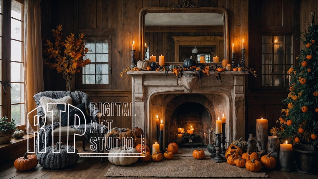 Fall Background Rustic Autumn Room for Zoom, Cozy Fall Fireplace ...