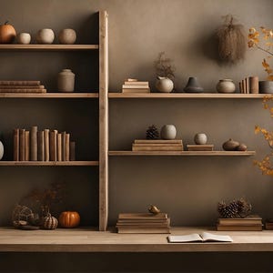 Könnte beinhalten: Ein hölzernes Wandregal an einer braunen Wand mit mehreren Ebenen, bestückt mit Büchern, Keramikvasen, kleinen Kürbissen und getrockneten Pflanzen. Auf der Schreibtischfläche darunter liegen Bücherstapel und ein aufgeschlagenes Buch.