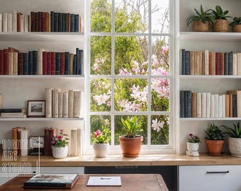 Spring White Bookshelf and Window Zoom Background, Virtual Home Office for Teams Meeting, Work From Home Minimalist Shelves Blurred Backdrop