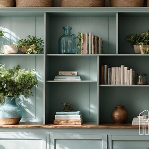 Virtual Background Blue Modern Farmhouse Bookcase for Zoom, Home Office Background for Online Meetings, Professional Backdrop Natural Light