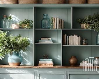 Virtual Background Blue Modern Farmhouse Bookcase for Zoom, Home Office Backdrop for Online Meetings, Digital Download