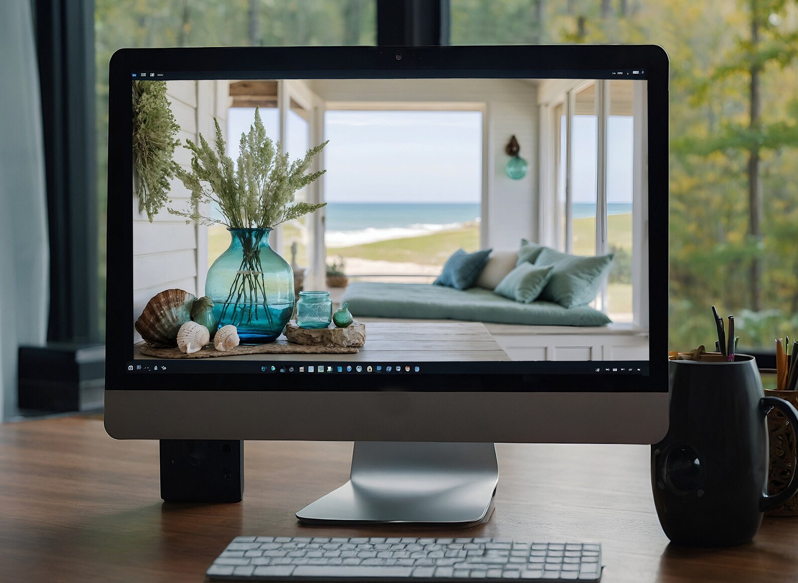 Coastal Farmhouse Summer Cottage Zoom Background for Virtual Meetings