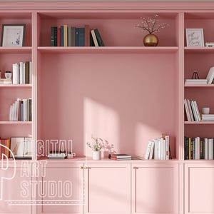 Virtual Background Pink Bookshelf for Zoom Meetings, Home Office Background for Online Calls, Simple Elegant Backdrop Natural Light