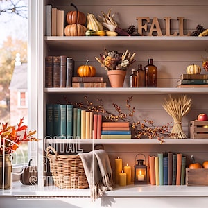 Puede incluir: Una estantería de varios niveles con libros, calabazas, arreglos florales secos, velas, un farol y una caja de madera con manzanas. Los estantes están decorados con elementos de temática otoñal, incluyendo espigas de trigo y follaje.