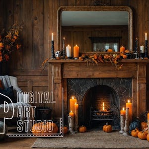 May include: A cozy interior scene with a fireplace, lit candles, and pumpkins, evoking a warm autumn or Halloween atmosphere. A decorated Christmas tree with pumpkins and a mirror above the fireplace add to the festive decor. The image includes the text "DIGITAL ART STUDIO".