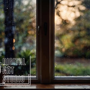 May include: A window pane with visible raindrops on the glass, overlooking a blurred outdoor garden scene with green foliage and soft golden light. A small potted plant sits on the wooden sill, and the text RTP DIGITAL ART STUDIO is visible.