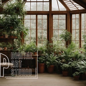May include: A greenhouse filled with lush green plants in terracotta pots. The text "DIGITAL ART STUDIO" is superimposed on the image.