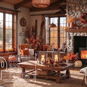 May include: Cozy living room scene with autumn decor. Features a stone fireplace, wooden coffee table, and large windows with fall foliage views. Includes pumpkins, lanterns, and a wreath, creating a warm, inviting atmosphere.