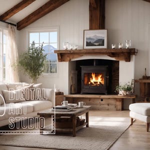 Könnte beinhalten: Ein Wohnzimmer mit einem cremefarbenen Sofa und Sessel, einem hölzernen Couchtisch und einem schwarzen Kaminofen in einem Steinkamin mit Holzsims. Große Fenster geben den Blick auf Berge frei, und der Text RTP DIGITAL ART STUDIO ist zu sehen.