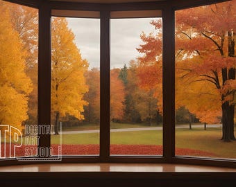 Autumn Virtual Background for Zoom Meetings, Fall Colors Window View Background, Virtual Office Autumn Trees Backdrop