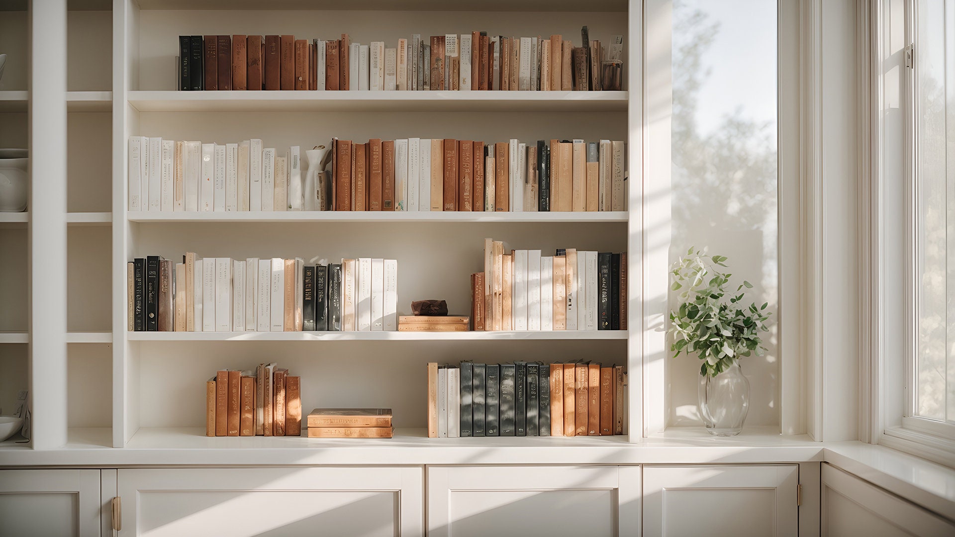 Zoom Background White Bookshelf and Window, Virtual Home Office