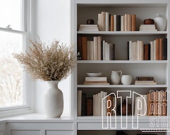 Zoom Background White Bookshelf and Window, Natural Light Virtual Home Office for Teams Meetings, Work From Home Minimalist Shelves Backdrop