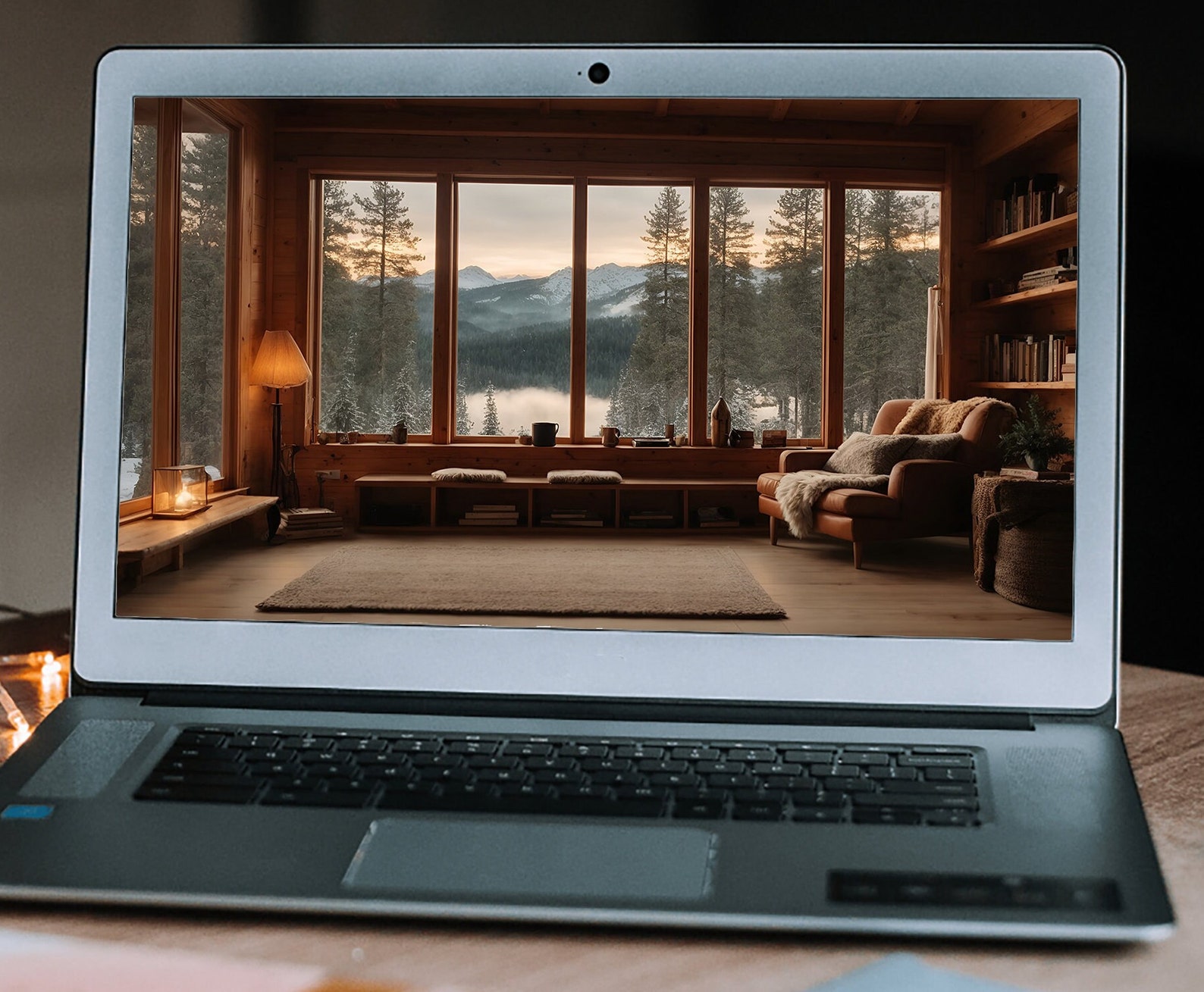 Winter Mountain Cabin Zoom Background Virtual Office for Online