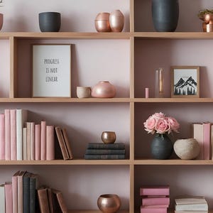 Modern Home Office Virtual Bookshelf Background for Zoom Meeting, Pink Boho Professional Backdrop with Art, Elegant Decor Natural Light
