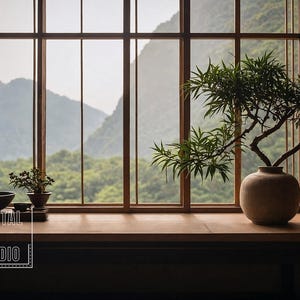Puede incluir: Una ventana con vista a una cordillera y árboles verdes exuberantes. Una planta en maceta con hojas verdes se encuentra en un alféizar de madera. La ventana está enmarcada en madera y tiene múltiples paneles.