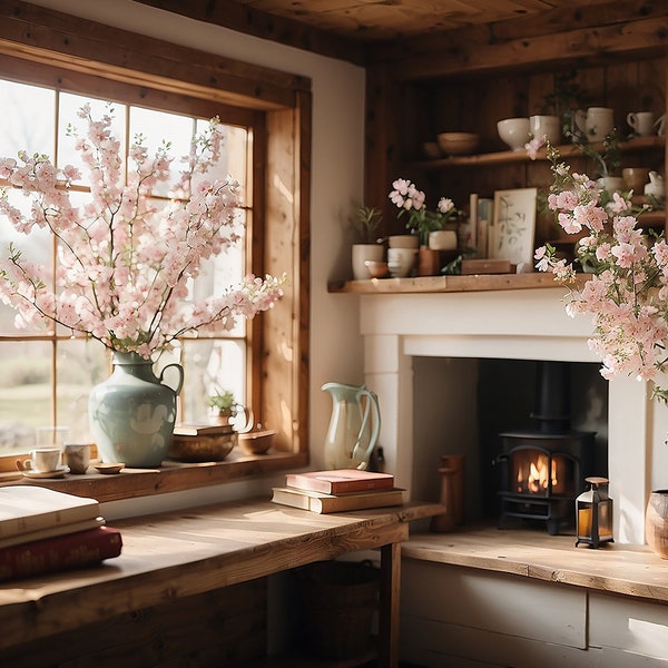 Zoom Background of a Rustic Spring Cottage for Zoom, MS Teams, Webex, Skype, 16:9 ratio, Cozy Bright Floral Window Background for Meetings