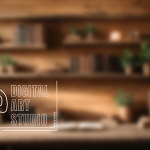 May include: A blurred image of a wooden interior with shelves and plants. The text "RTP DIGITAL ART STUDIO" is displayed in a white, outlined font. The scene suggests a creative workspace or studio.