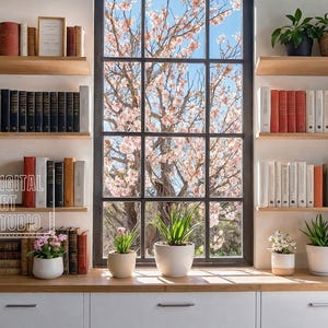 Spring White Bookshelf and Window Zoom Background, Virtual Home Office for Teams Meeting, Work From Home Minimalist Shelves Blurred Backdrop