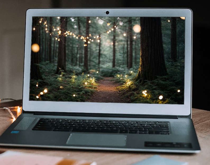 May include: A laptop computer with a screen displaying a photo of a forest path lit with string lights.