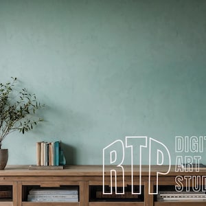 Op de afbeelding: Een houten kast met meerdere lades en een lichtgroene muur op de achtergrond. Een plant in een pot, boeken en een vaas staan bovenop de kast. De tekst "RTP DIGITAL ART STUDIO" wordt op de kast weergegeven.
