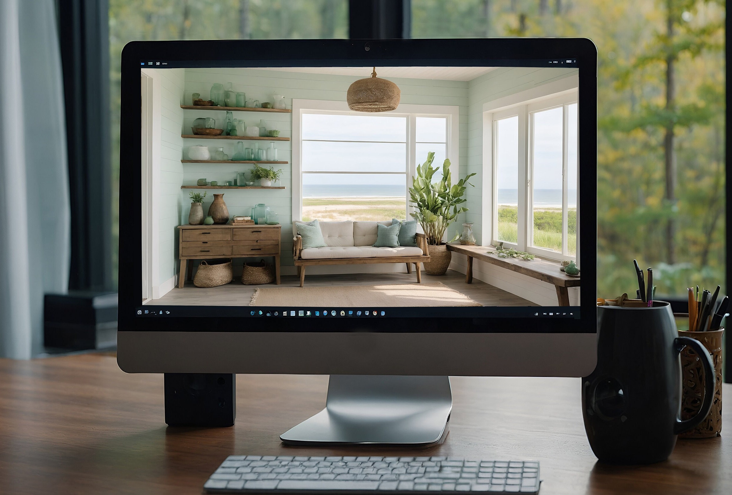 Coastal Farmhouse Summer Cottage Zoom Background for Virtual Meetings