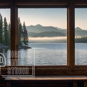 Seeblick Zoom Hintergrund Virtuelles Büro für Meetings, gemütliche Hüttenkulisse mit ruhigem See, Bergen und immergrünen Bäumen, Chill Vibe