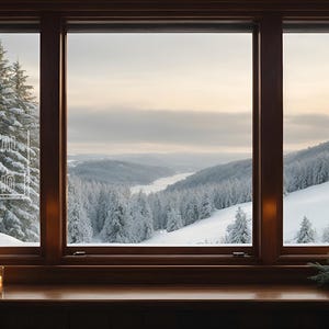 Winter Virtual Background for Zoom Meetings, Winter Window Backdrop for MS Teams, Webex, and Skype, Snowy Trees and Mountains Rustic Home