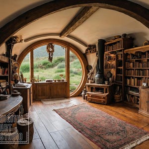 Hobbit House Zoom Background, Whimsical Hobbiton Library Virtual Background for Teams Meetings, Hobbit Burrow at Bag End Virtual Backdrop