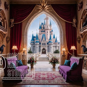 以下が含まれることがあります： おとぎ話の城が見える城の内装のデジタルアートプリント。部屋には紫色のソファ、赤いカーテン、華やかな建築的詳細が施されています。画像には左下に「DIGITAL ART STUDIO」という文字が入っています。