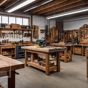 Puede incluir: Un taller de carpintería bien equipado con múltiples bancos de trabajo de madera, herramientas y estantes de almacenamiento. El taller está organizado y tiene una variedad de herramientas, que incluyen una sierra de mesa, una taladradora y una lijadora.