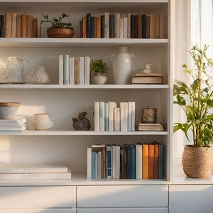 May include: A white bookcase with multiple shelves filled with books, decorative items, and plants. The bookcase is against a white wall with a window to the right. The window has a white windowsill and a green plant in a woven basket.