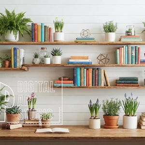 Może przedstawiać: Scena domowego biura lub biblioteki z drewnianymi półkami wypełnionymi książkami i roślinami doniczkowymi. Biurko poniżej również ma rośliny i książki, tworząc przytulną i zachęcającą atmosferę. Obraz zawiera tekst "DIGITAL ART STUDIO".