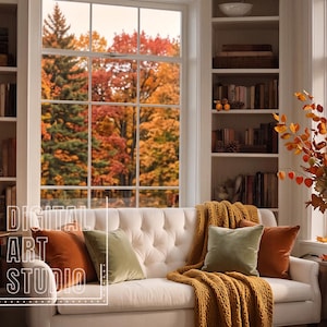 May include: A white tufted sofa with orange and green throw pillows and a mustard yellow knit blanket, positioned in a room with built-in bookshelves, a table lamp, and a vase of autumn foliage, with large windows showing fall trees.