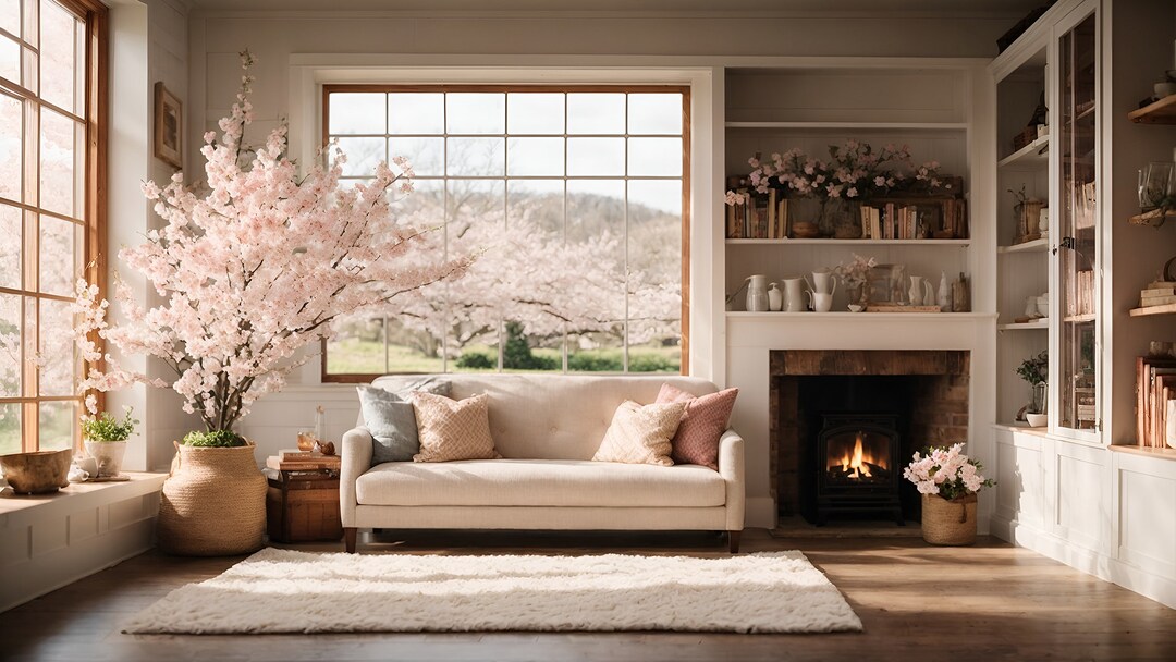 Animated Zoom Background Flickering Fireplace, 12 Second Loop Virtual Cozy Spring Home Cherry
